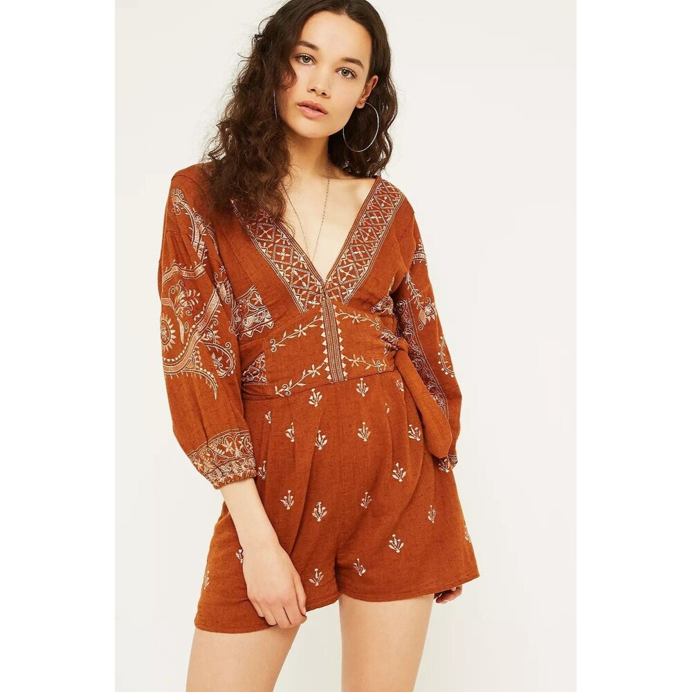 Free People Azalia Romper Medium Rust Embroidered Boho Western Festival